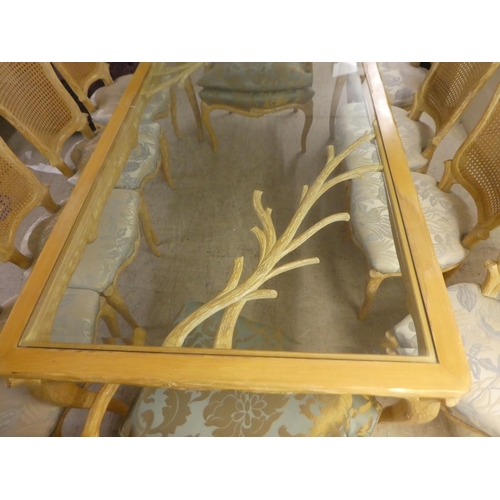 331 - A modern French hunting lodge style, naturally carved, bleached light oak dining table with a glass ... 