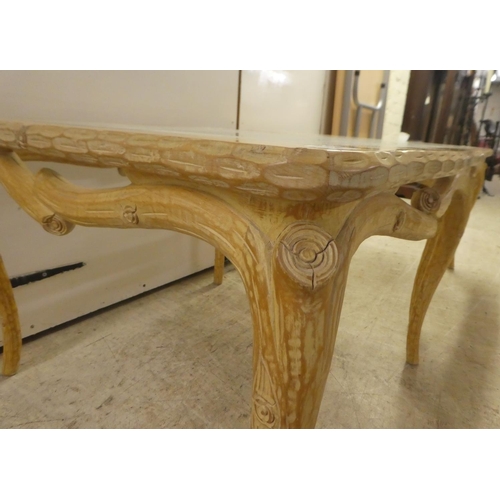 336 - A pair of modern French hunting lodge style, naturally carved, bleached light oak lamp tables with g... 