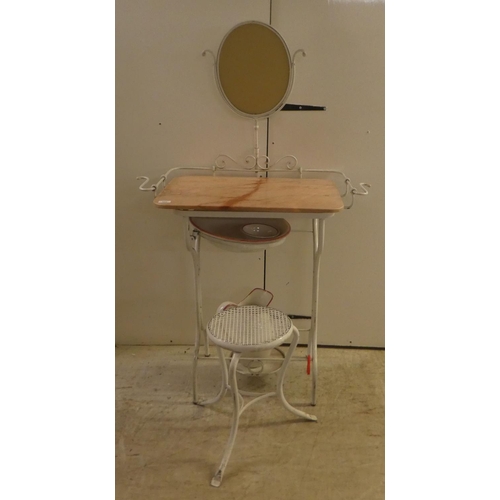 344 - A vintage white painted metal dressing table/washstand with a stool, wash bowl and jug  53