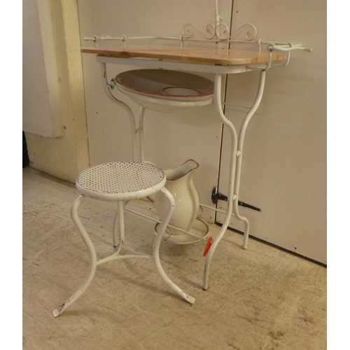 344 - A vintage white painted metal dressing table/washstand with a stool, wash bowl and jug  53