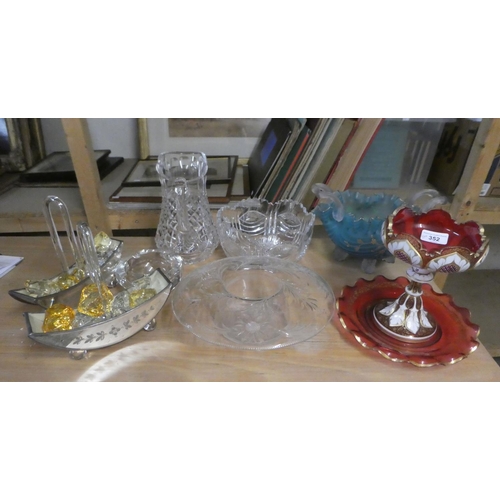 352 - Glassware: to include a late Victorian cranberry coloured, gilded and overpainted pedestal vase ... 