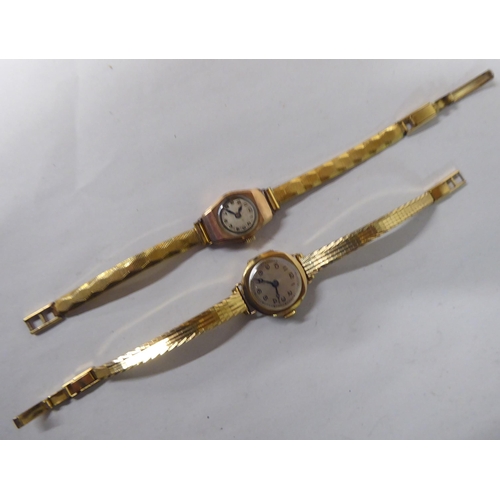 1 - Two ladies 9ct gold cased wristwatches, both faced by Arabic dials, on rolled gold straps