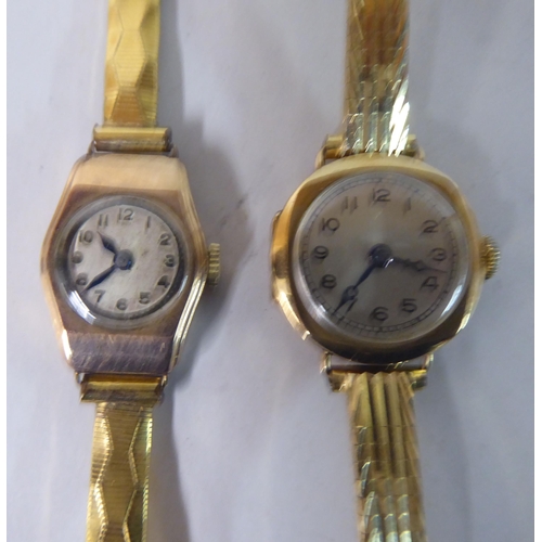 1 - Two ladies 9ct gold cased wristwatches, both faced by Arabic dials, on rolled gold straps