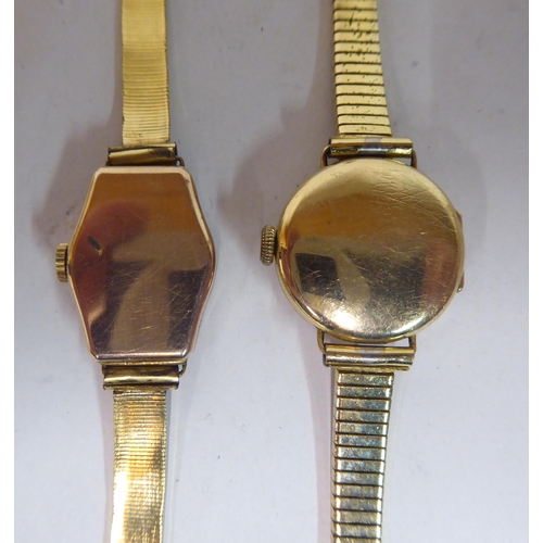 1 - Two ladies 9ct gold cased wristwatches, both faced by Arabic dials, on rolled gold straps