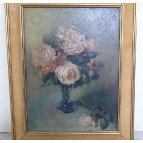 108 - * Edwards - a still life study, roses in a glass vase  oil on canvas  bears an indistinct signature ... 