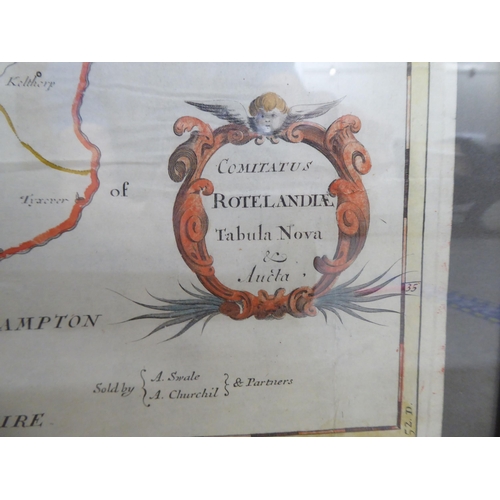 115 - An 18thC coloured county map 'Rutland' with a title cartouche with a scale and compass  12