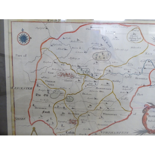 115 - An 18thC coloured county map 'Rutland' with a title cartouche with a scale and compass  12