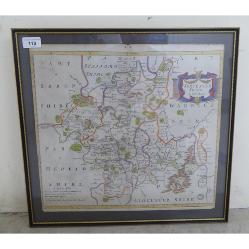 118 - A Robert Morden coloured county map 'Worcestershire' with a banner title cartouche and scales  ... 