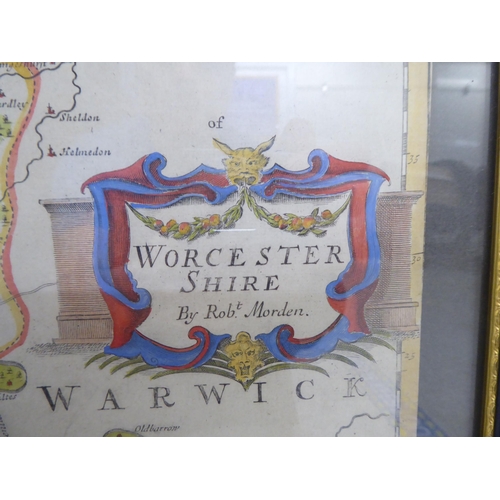 118 - A Robert Morden coloured county map 'Worcestershire' with a banner title cartouche and scales  ... 