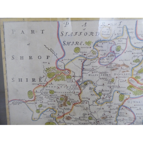 118 - A Robert Morden coloured county map 'Worcestershire' with a banner title cartouche and scales  ... 