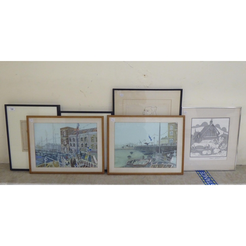 120 - Framed modern artwork: to include a pair of 20thC figure studies in British harbours  watercolours  ... 