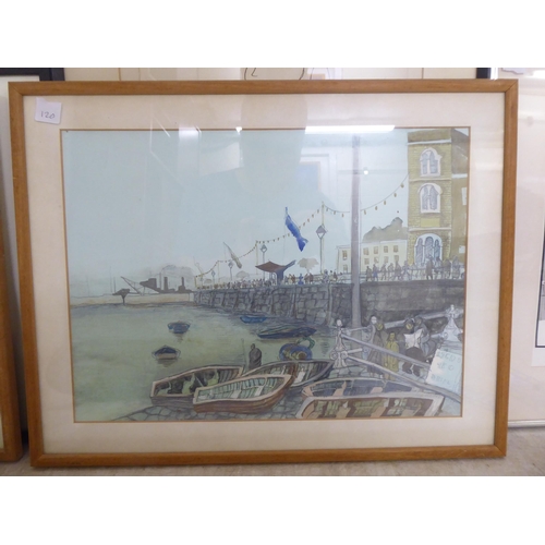 120 - Framed modern artwork: to include a pair of 20thC figure studies in British harbours  watercolours  ... 