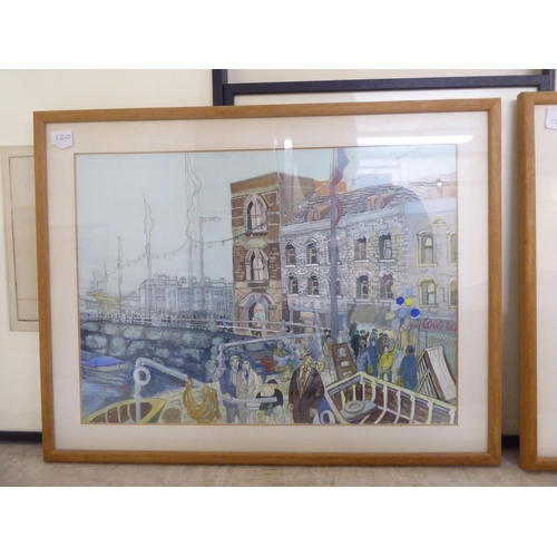 120 - Framed modern artwork: to include a pair of 20thC figure studies in British harbours  watercolours  ... 