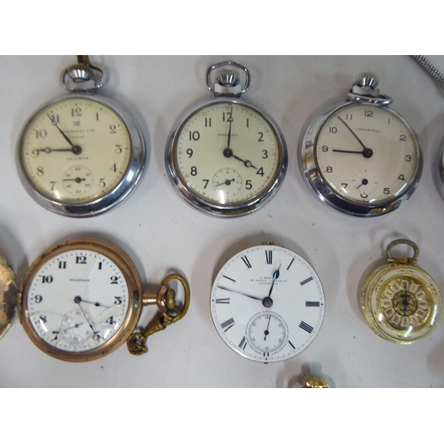 157 - Variously cased pocket watches: to include a yellow metal half-hunter, faced by a Roman dial