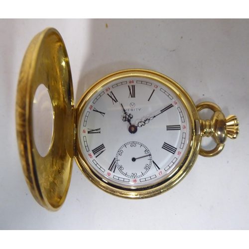 157 - Variously cased pocket watches: to include a yellow metal half-hunter, faced by a Roman dial