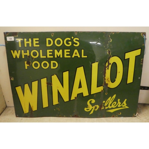 189 - A vintage cast iron, yellow on green, enamel advertising sign for 'Winalot Dog Food  20