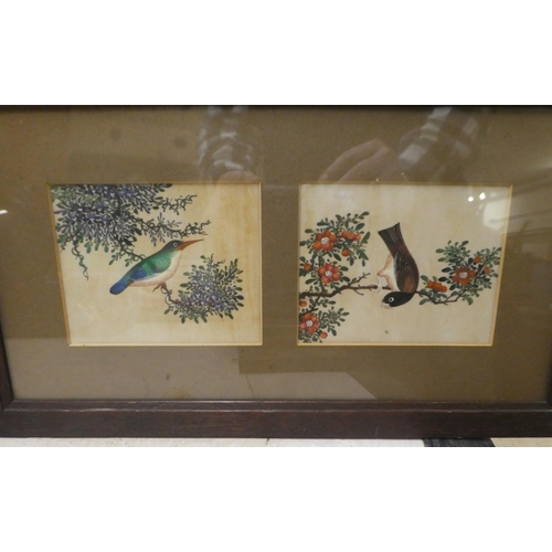 248 - A mixed lot: to include Asian Artwork, featuring a Chinese - two birds  watercolour on rice paper  3... 