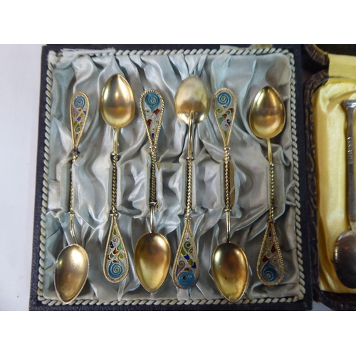 25 - Three boxed sets of six silver/white metal teaspoons  mixed marks