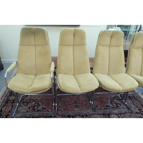 258 - A set of six Pieff dining chairs, the chromium plated frames and fabric covered back and seats raise... 