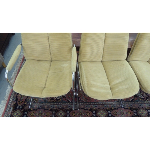 258 - A set of six Pieff dining chairs, the chromium plated frames and fabric covered back and seats raise... 