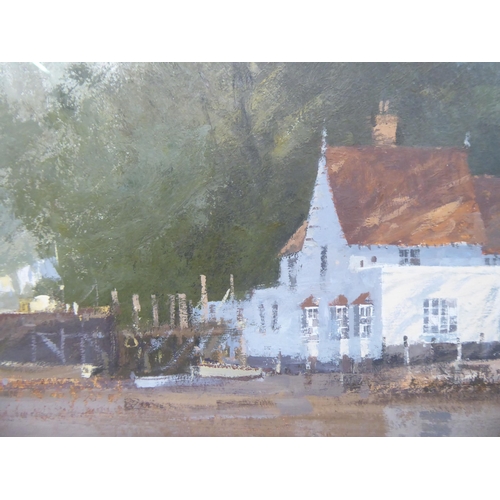 40 - Roy Perry - an estuary scene at low tide with moored craft beside a white painted dwelling amid tree... 