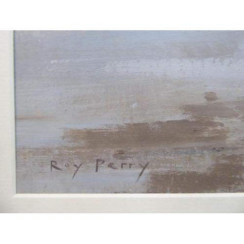 40 - Roy Perry - an estuary scene at low tide with moored craft beside a white painted dwelling amid tree... 