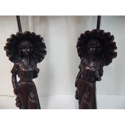 46 - A pair of Edwardian style bronze finished table lamps, each fashioned as a young lady holding a para... 