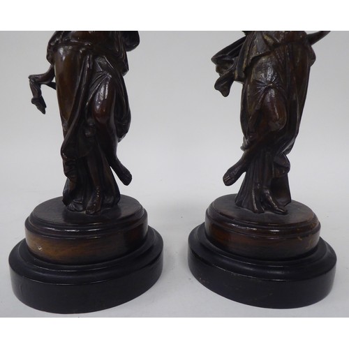 16 - Late 19thC French spelter models, each featuring a dancing maiden, on a turned plinth, viz. a pair a... 