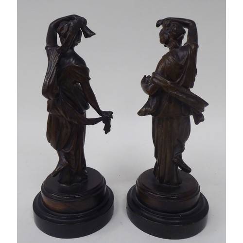 16 - Late 19thC French spelter models, each featuring a dancing maiden, on a turned plinth, viz. a pair a... 