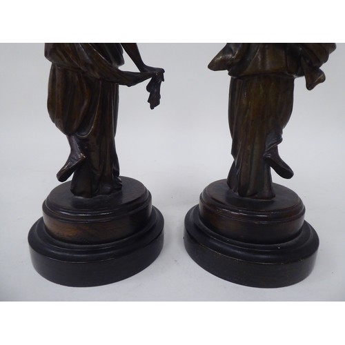 16 - Late 19thC French spelter models, each featuring a dancing maiden, on a turned plinth, viz. a pair a... 