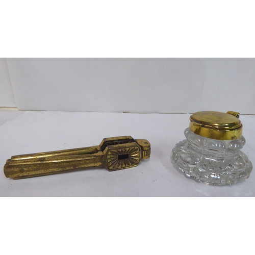 88 - Metalware: to include a late Victorian brass deskstand with two glass inkwells  8