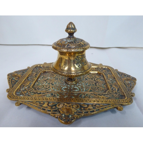 88 - Metalware: to include a late Victorian brass deskstand with two glass inkwells  8