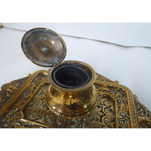 88 - Metalware: to include a late Victorian brass deskstand with two glass inkwells  8