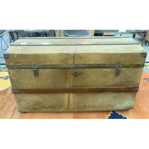 92 - A vintage fur covered and brass mounted trunk with straight sides and domed lid, on a plinth  2... 