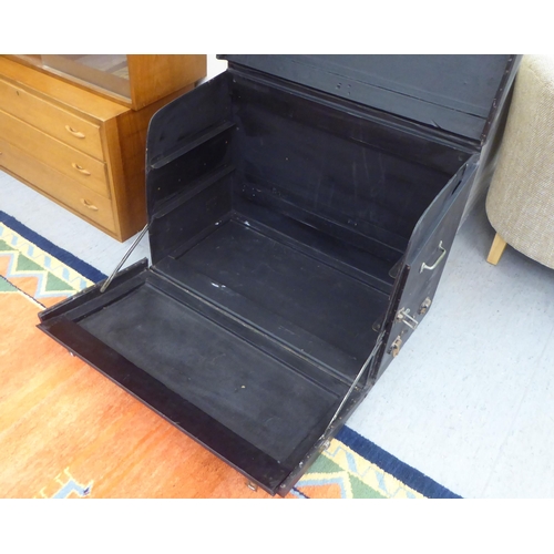 95 - A Vintage Brooks ebonised car trunk (unfitted) with straight sides and a hinged lid, on a plinth  23... 