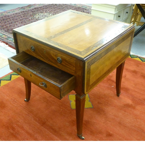 98 - An Edwardian crossbanded walnut, ebony inlaid, satin mahogany sofa table with opposing drawers and f... 