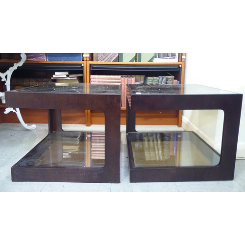 107 - A pair of modern mahogany cantilever design lamp tables, each with a glass top  21