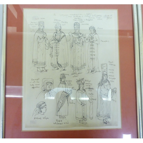 161 - Three framed costume sketch designs  12