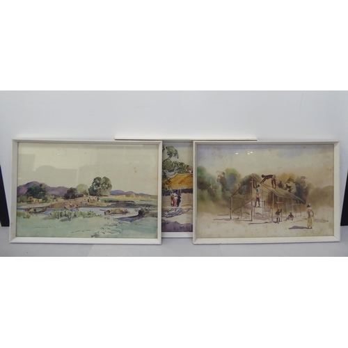 171 - Norman Ellison - three African village scenes  watercolours  bearing signatures  12.5... 