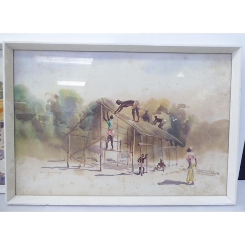 171 - Norman Ellison - three African village scenes  watercolours  bearing signatures  12.5... 