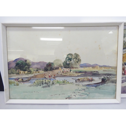 171 - Norman Ellison - three African village scenes  watercolours  bearing signatures  12.5... 