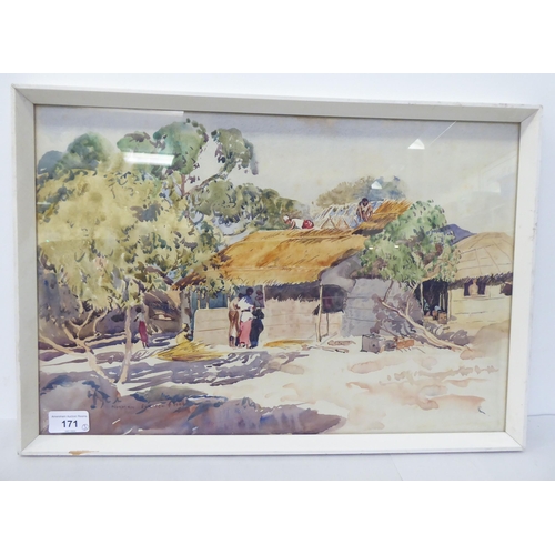 171 - Norman Ellison - three African village scenes  watercolours  bearing signatures  12.5... 