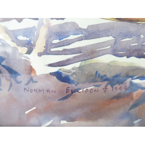 171 - Norman Ellison - three African village scenes  watercolours  bearing signatures  12.5... 