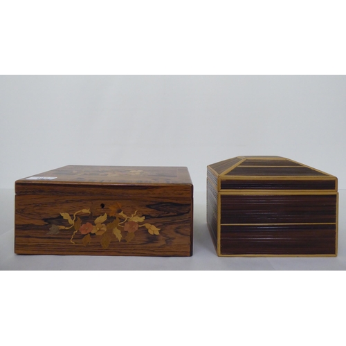 187 - Two modern wooden jewellery boxes, one decorated with marquetry  4.5