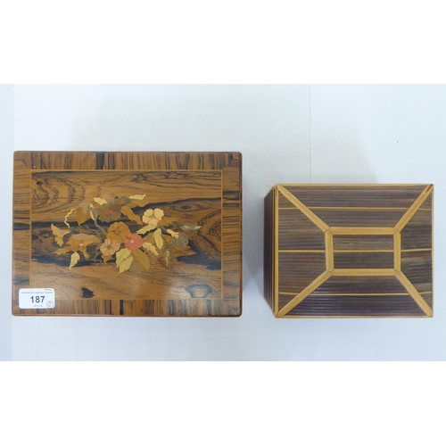 187 - Two modern wooden jewellery boxes, one decorated with marquetry  4.5