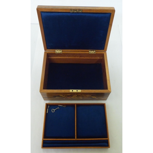 187 - Two modern wooden jewellery boxes, one decorated with marquetry  4.5