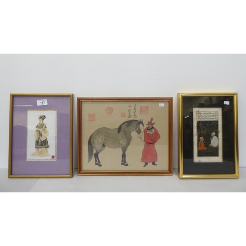 193 - Oriental pictures: to include a Chinese study of a man and horse  watercolour  10