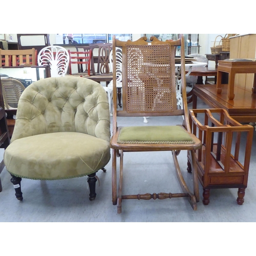 213 - Small furniture: to include a late Victorian nursing chair, button upholstered in a green fabric, ra... 