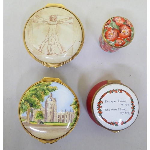 218 - Enamelled pill boxes: to include a Bilston example, decorated with verse  various sizes