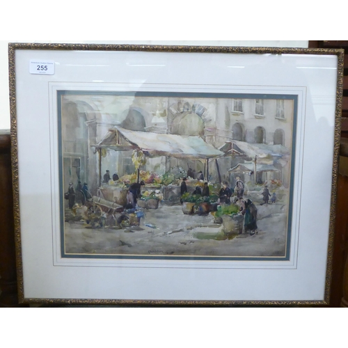 255 - Gwen Nelson - a market scene  watercolour  bears a signature  10